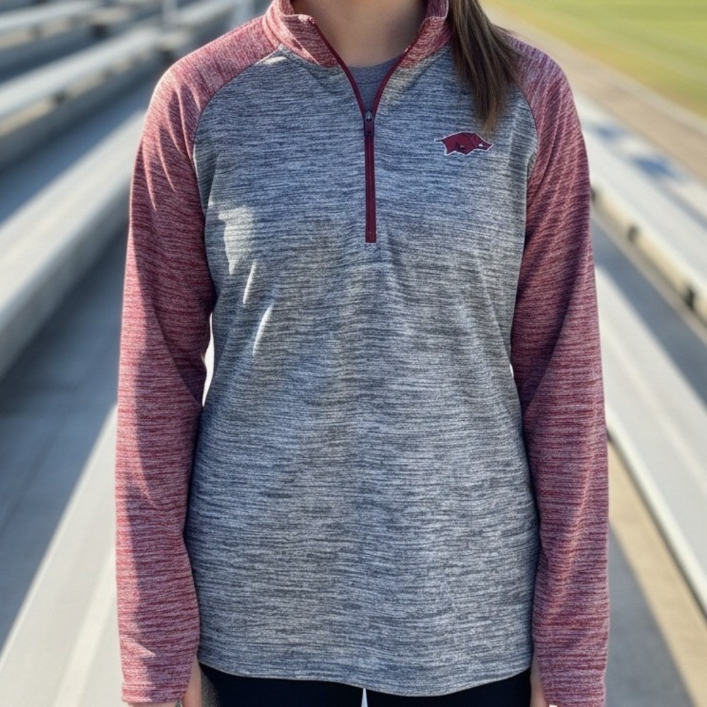 Russell Athletic Arkansas Razorbacks Quarter‎ Zip Pullover Grey Red Space Dye M